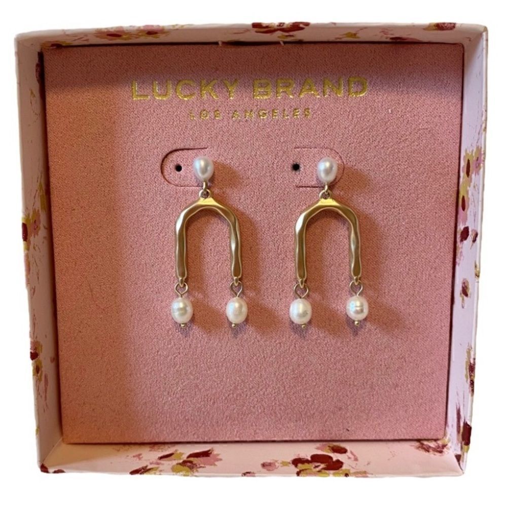 Lucky Brand Hammered Gold Toned & Faux Pearl Drop Earrings.